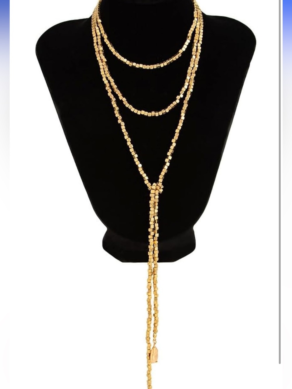 Anthropologie Gold Layered Lariat Necklace with Beaded Drop - Picture 3 of 5